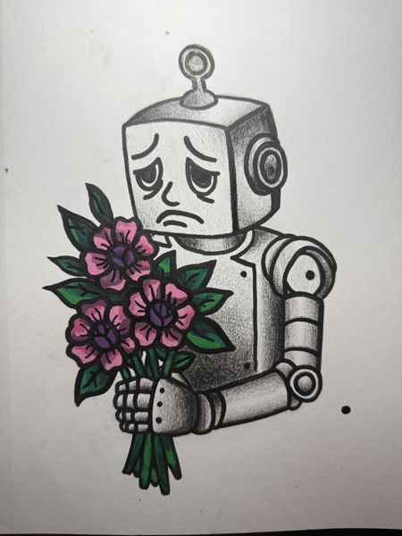 Illustration of a robot holding a bouquet of flowers